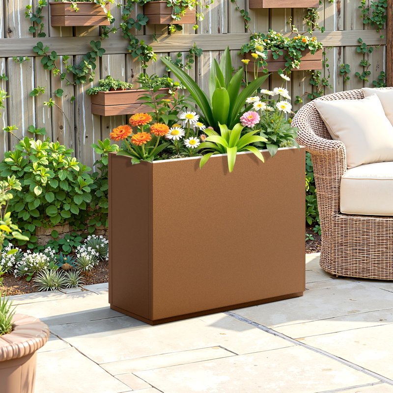 Metal Planters Box– Rectangular Large Brown Planter for Outdoor Plants and Garden Use,Sleek Planter Box with Drainage Holes ,Vegetables and Flowers