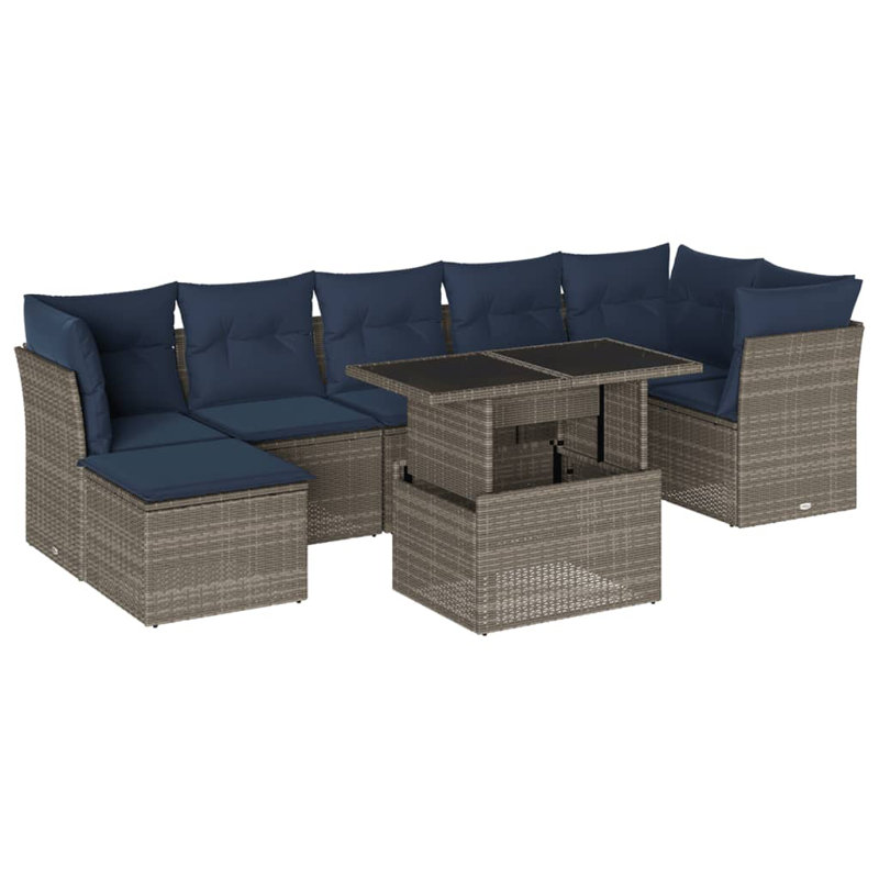  Ensemble de canapé de patio 8 pièces avec coussins en rotin de polyester noir, Gris, Marine