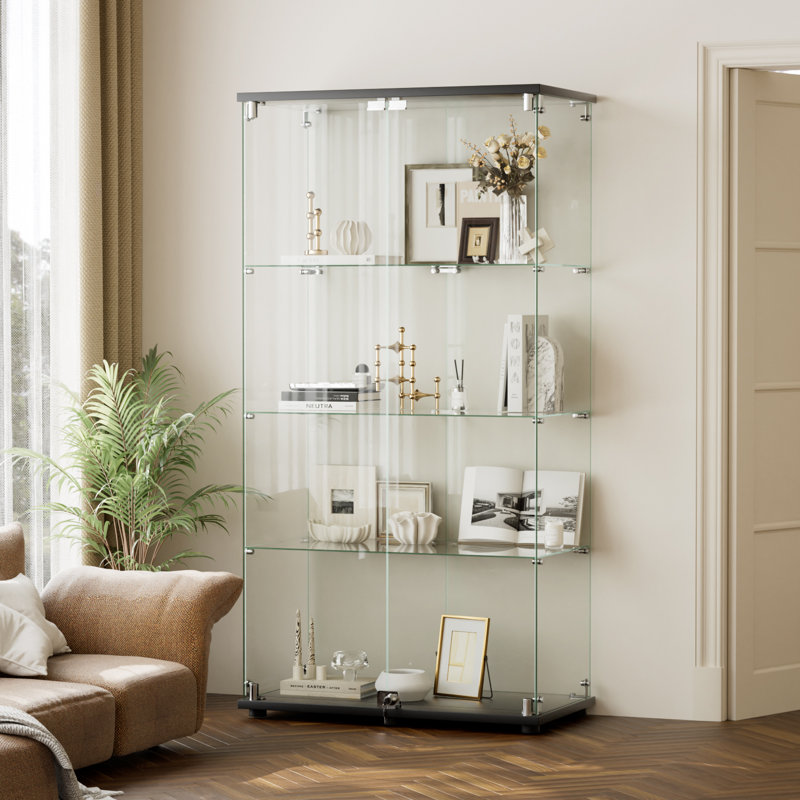 Tempered Glass Display Cabinet, Clear Showcase For Collectibles, Black