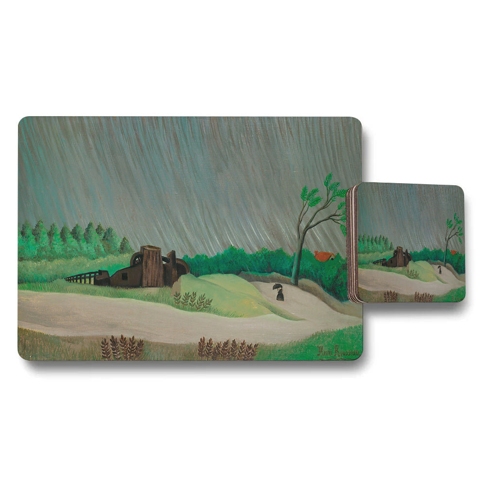 Rustic Landscape Placemat And Coaster Set With Rainy Weather Scene
