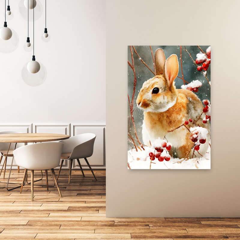 Hiver, lapin et baies, paisible, serein, abstrait, forêt, nature, art mural, 48" H x 32" W