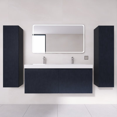 Ensemble de meuble-lavabo flottant 48 po avec comptoir en acrylique et deux armoires latérales 48 po | Bois cannelé, rangement à fermeture en douceur et plomberie en forme de U