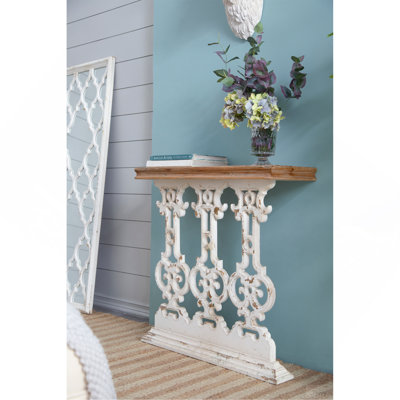 Console 32 po x 12 po x 32 po classique blanc délavé avec plateau en bois brun