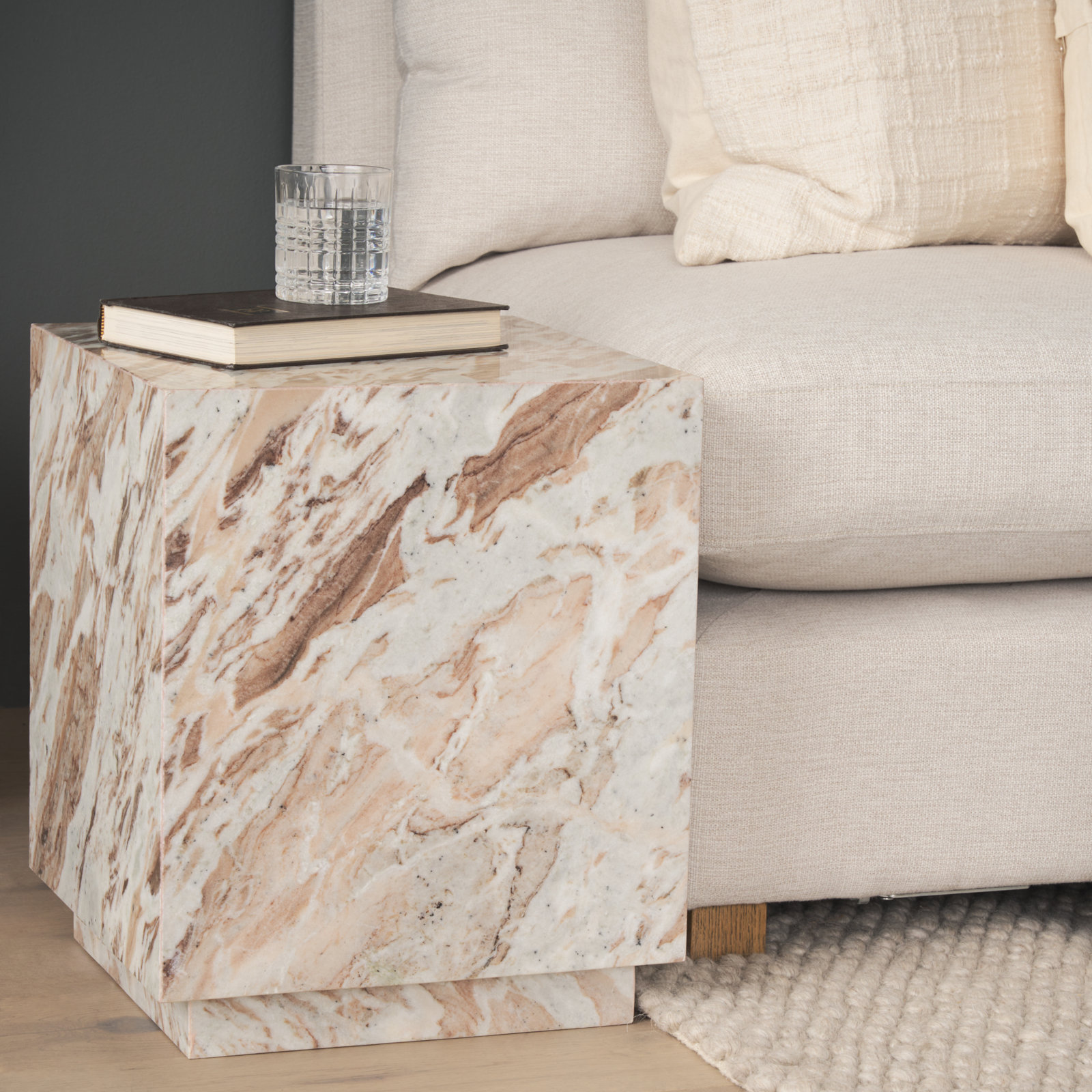 15" Genuine Marble End Table, Light Brown/White