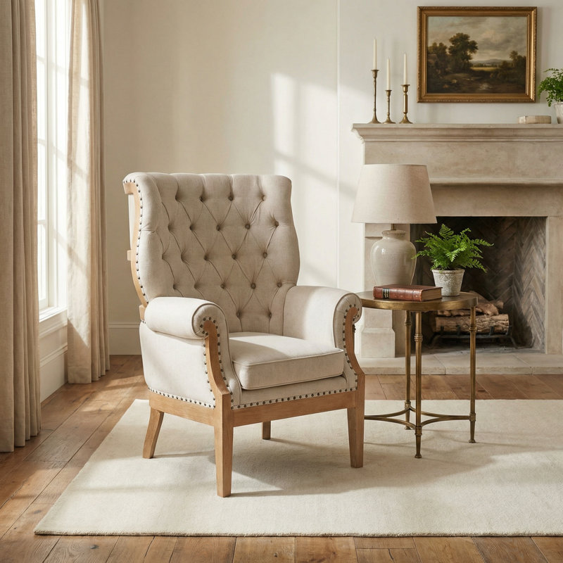 Fauteuil capitonné large de 36 po Foye, Structure naturelle / coussin en lin neutre