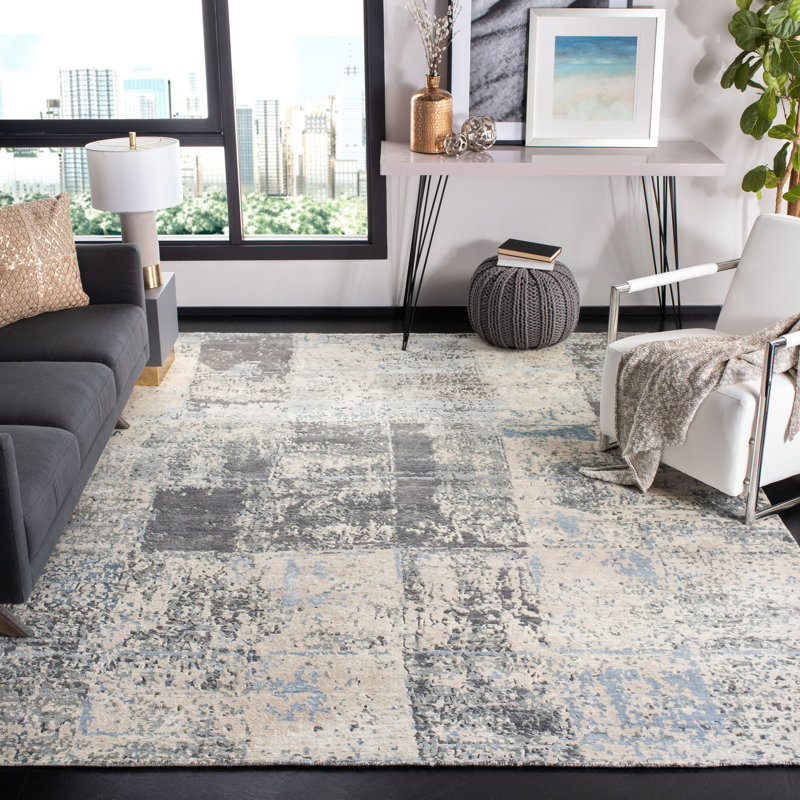Tapis abstrait en viscose / coton / lin / laine noué à la main Tiffany argent / ivoire, Rectangle 9 pi x 12 pi