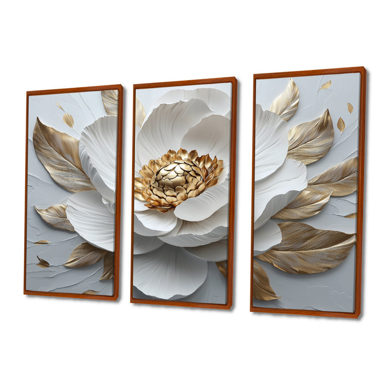 Pivoine blanche et dorée - ensemble d'art mural pivoine, Toile avec cadre flottant brun, H 28 po x l 36 po x P 1 po