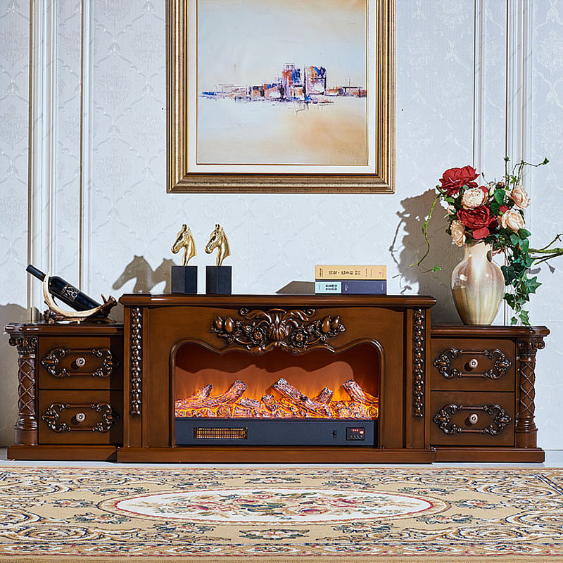Carved Electronic Fireplace TV Storage Cabinet, Brown
