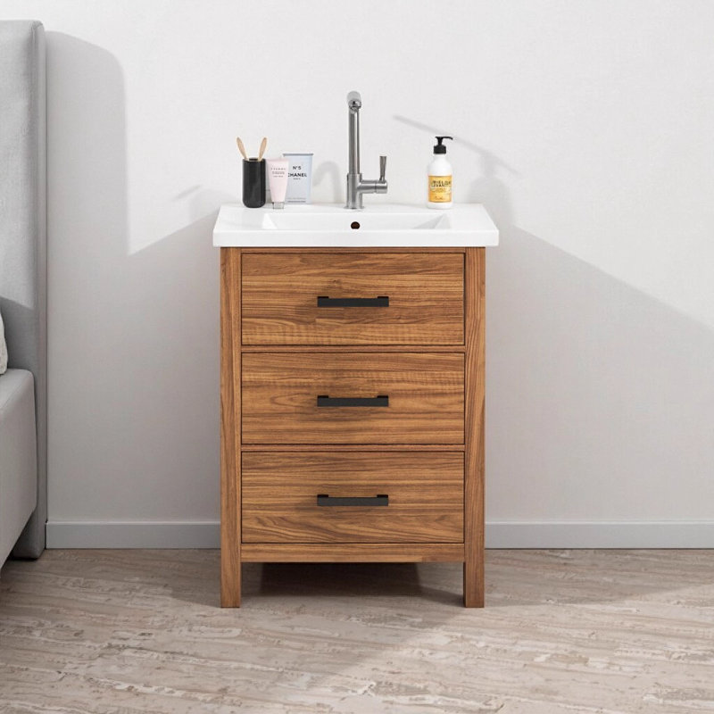 Meuble-lavabo moderne 24 po avec lavabo en céramique, meuble de rangement autoportant à 3 tiroirs et meuble-lavabo compact en bois naturel