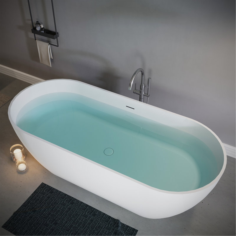 Baignoire autoportante de 63 po en résine de pierre, baignoire de luxe à surface solide avec trop-plein à fente intégrée et bonde escamotable