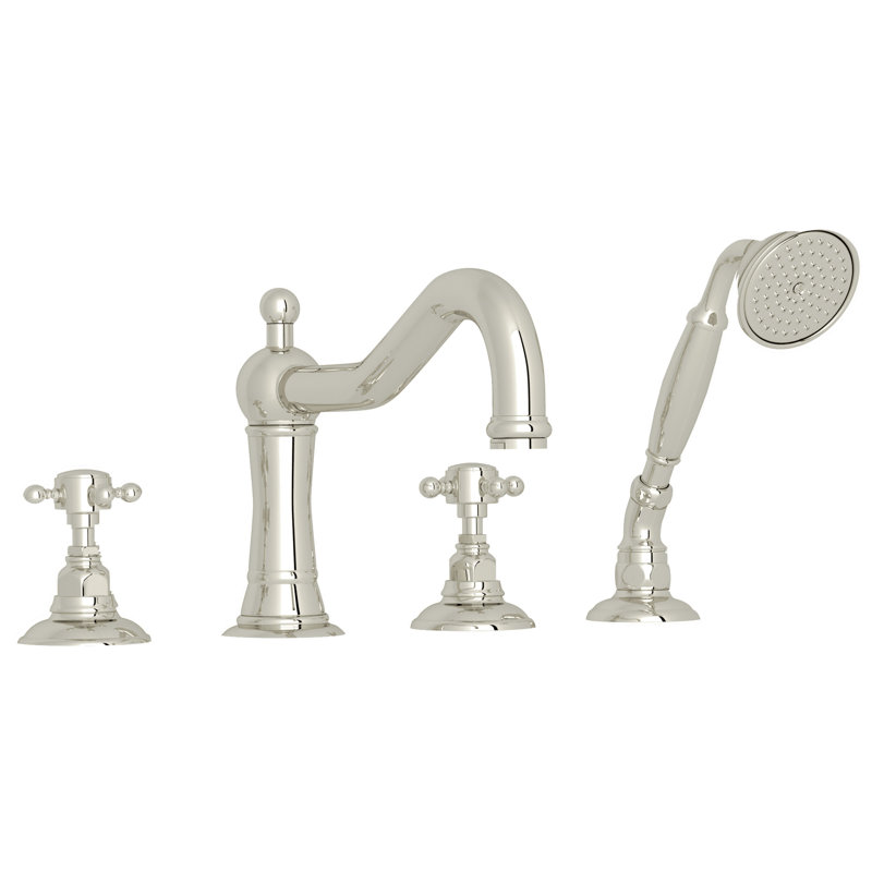 Acqui 4-Hole Deck Mount Tub Filler, Polished Nickel, Cross Handle