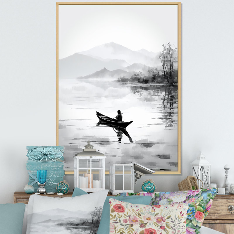 Sinquefield, art asiatique, canot-bateau III, Cadre naturel flottant, H 32 po x l 16 po x P 1 po