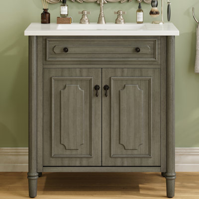 Meuble-lavabo vintage de 79 cm (31 po) avec lavabo rectangulaire en céramique, grand espace de rangement, pieds en bois d'hévéa et installation facile. Gris antique de 79 cm (31 po) avec pieds solides réglables.