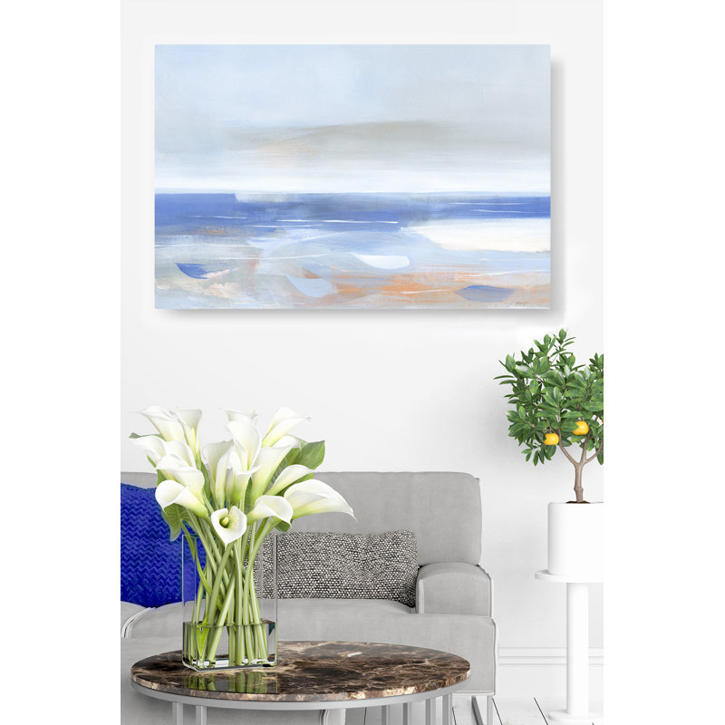 Abstrait côtier, rivage, bleu, cyan, gris, blanc, doux, brun clair, vagues, H 16 po x l 24 po x P 1,5 po