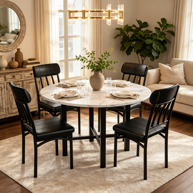 5-Piece Dining Set, Compact Mid-Century Modern Kitchen Table & Chairs Set With Round Table And 4 Upholstered Chairs, 4 Person Small Dinette Set For Home Apartment Loft