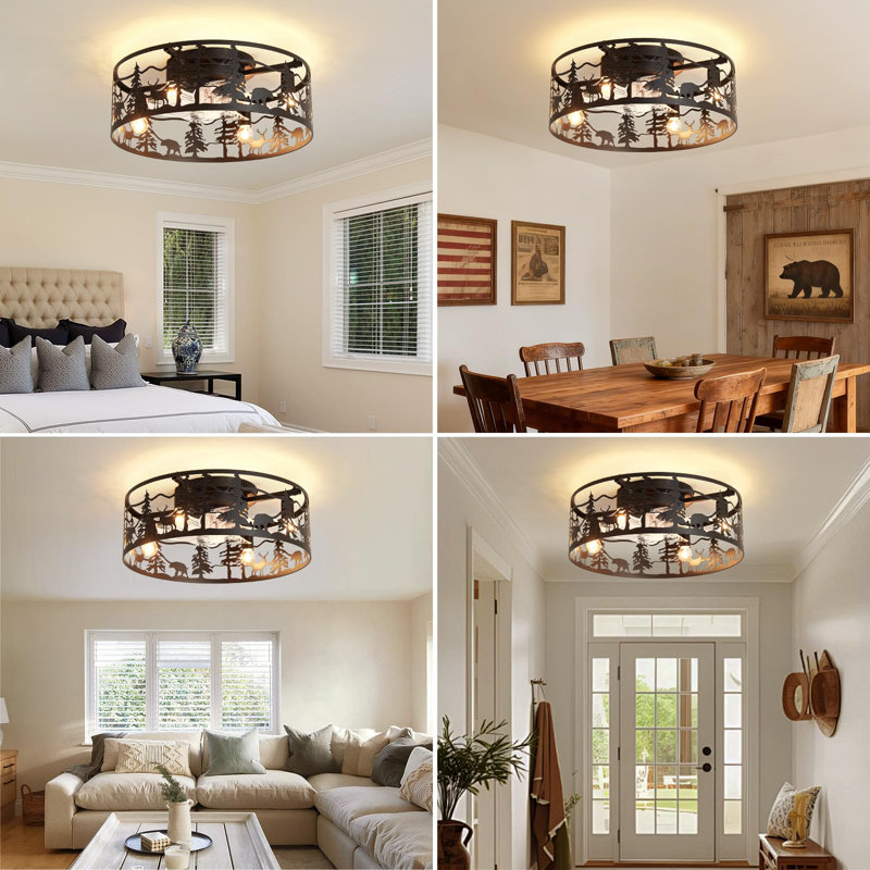 17.7" 4-Light Flush Mount Black Wagon Wheel Ceiling Fan Light, 7-Blade Fandelier with Remote Control and Reversible DC Motor for All-Season Use