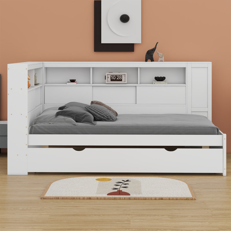 Lit de jour avec tablettes de rangement, USB et lit gigogne, Blanc