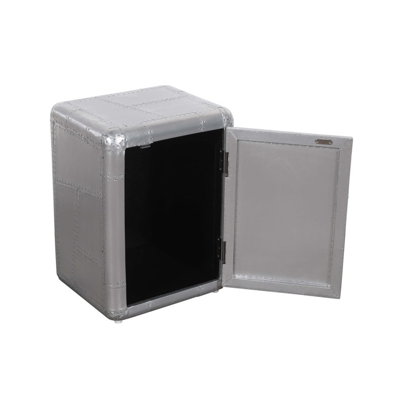 Table d'appoint / armoire à 1 porte avec revêtement en aluminium argenté et vis exposées Pilot