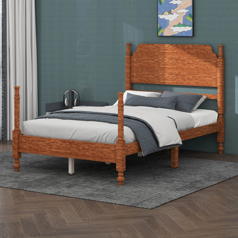 Lit poteau en bois traditionnel, lit plateforme rétro, aucun sommier requis, assemblage facile, Full, Light Walnut
