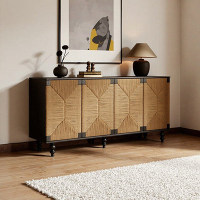Seagrass & Black Woodgrain Sideboard with Handwoven Doors - Natural Boho Storage Cabinet for Dining Room, Entryway
