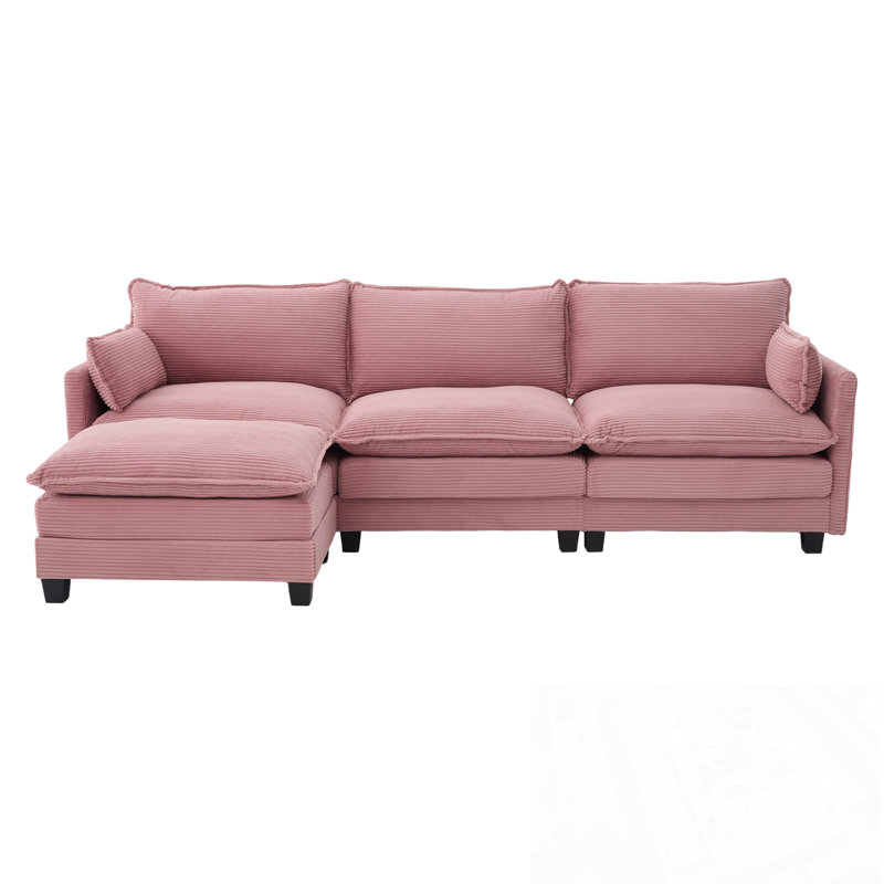 L Shaped Modular Sectional Sofa with Movable Ottoman and side pocket, Pink
