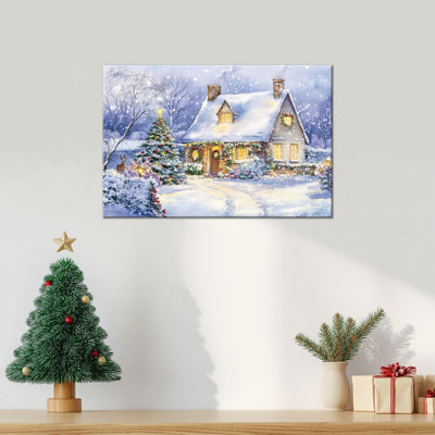 Large Abiella Holiday Cottage Scene - Winter Snow Landscape, reproduction d'art avec arbre, renne, décoration murale prête à être accrochée pour le salon, 24 po x 36 po