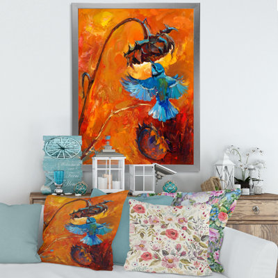 " Blue Hummingbird On Orange " Painting Print