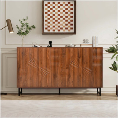 Buffet Mid-Century moderne, armoire de rangement géométrique sculptée avec pieds en métal, crédence polyvalente pour le salon, la salle à manger, le vestibule