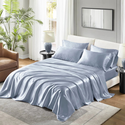 6 Pcs King Luxury Blue Satin Sheet - Wrinkle , Smooth Silky Texture, , Fits 16" Mattresses, Includes 1 Flat Sheet, Fitted 4 Pillowcases Size 100% Gentle On Skin And Hair, With Flat,