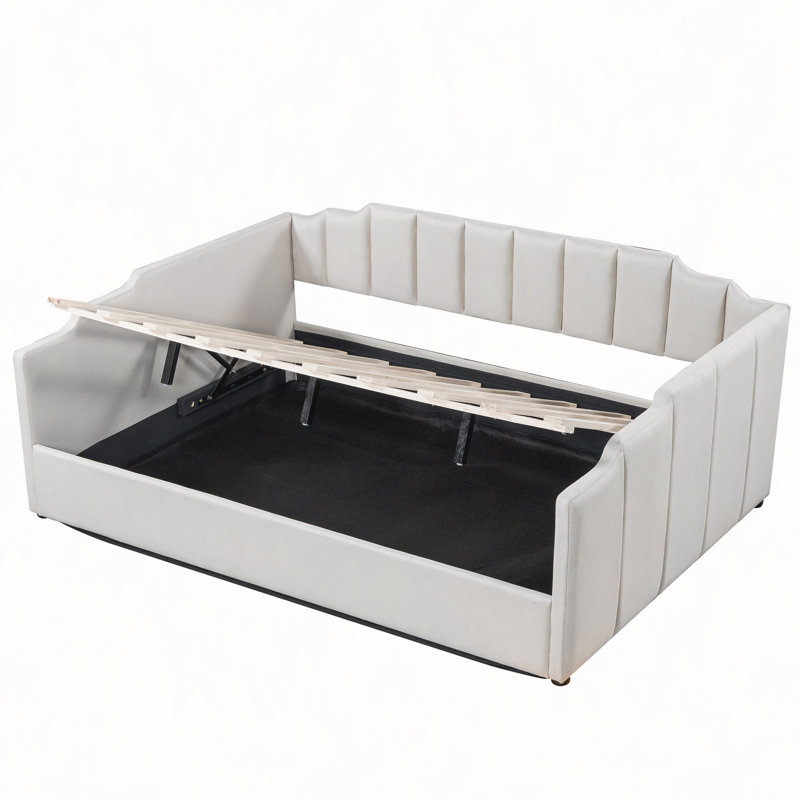 Lit de jour rembourré avec rangement inférieur, Beige