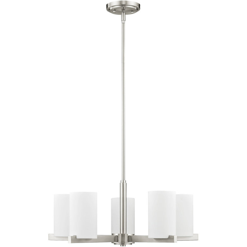 Lustre cylindrique à 5 lumières avec abat-jour en verre soufflé à la main