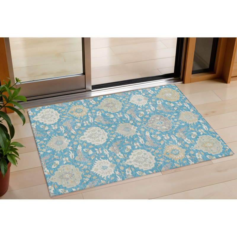 3' X 5' Teal Blue Gray And Ivory Damask Washable Indoor Outdoor Area Rug