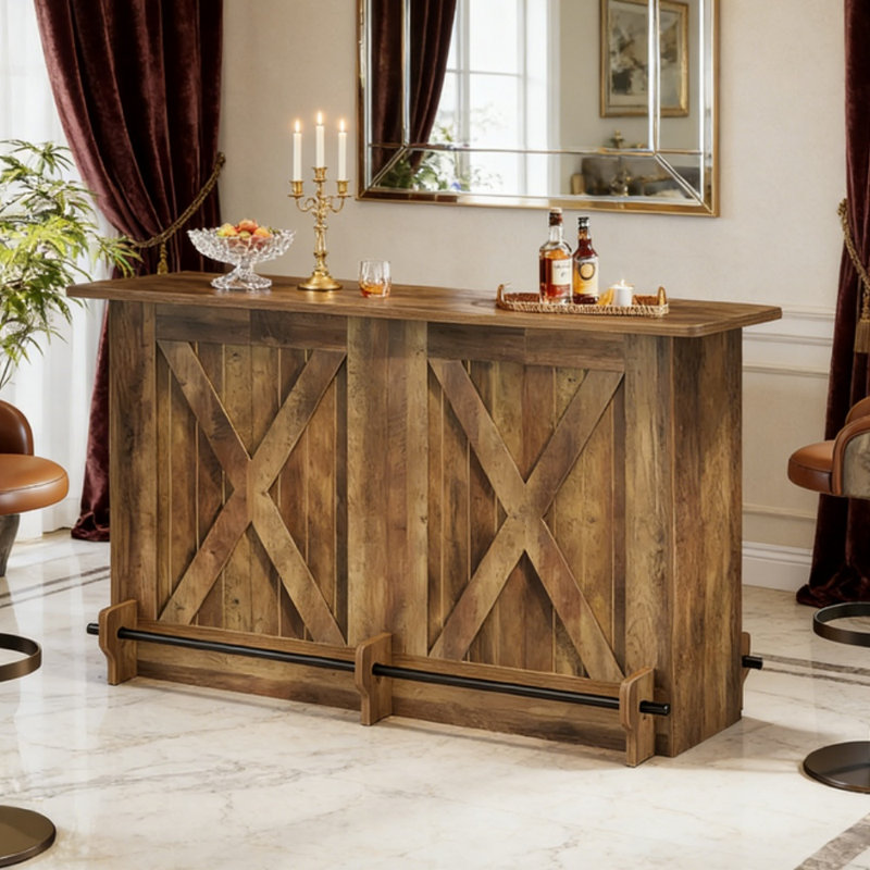 Table de bar - Métal / verre - 1 pièce - Table de bar - Brun - Rangement à plusieurs niveaux, Brun