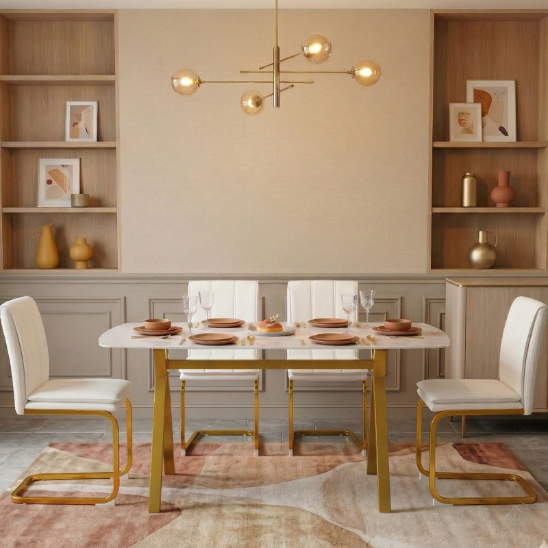 Ensemble de salle à manger 5 pièces, Blanc / chaises dorées, Table dorée