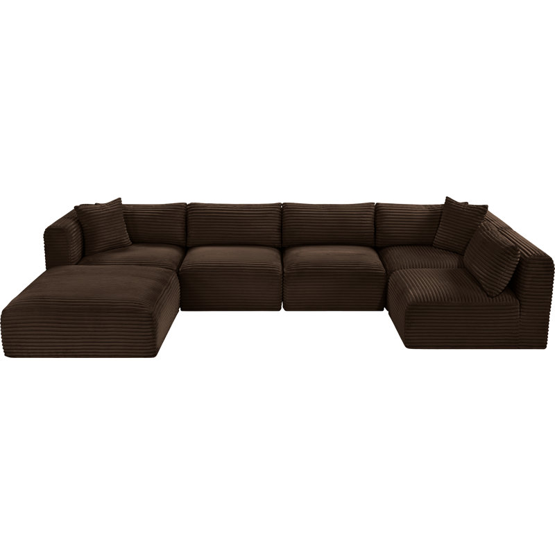 Canapé modulaire Carmean, Velours côtelé texturé brun, 3 sans accoudoirs, 2 en coin, 1 repose-pieds