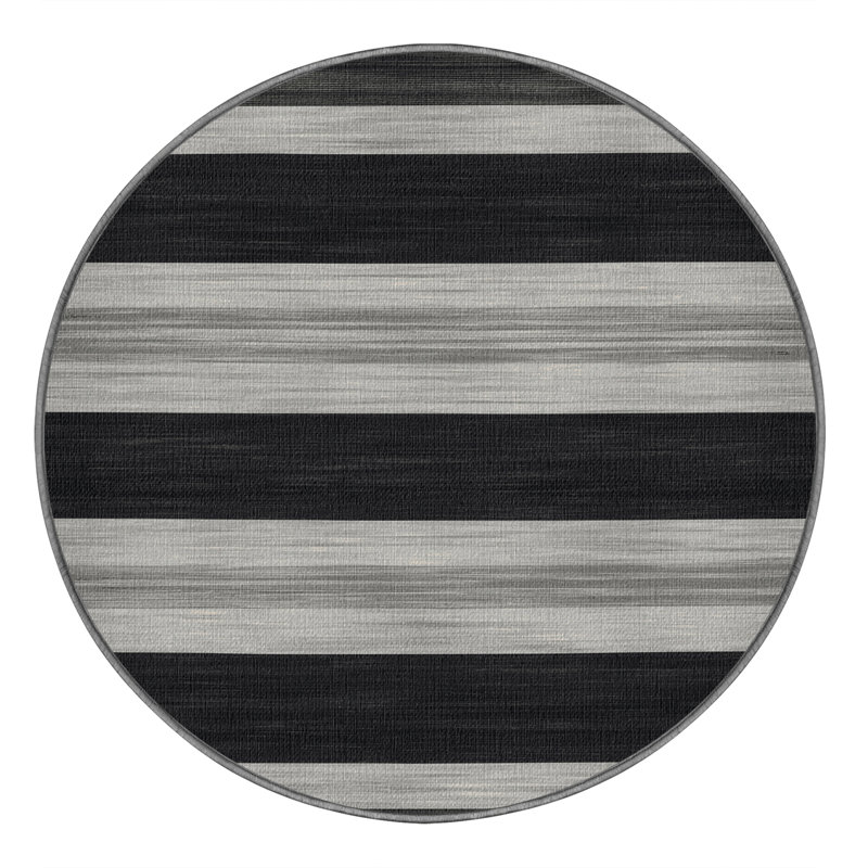 Washable Charcoal Light Gray Striped Area Rug, Round 5'