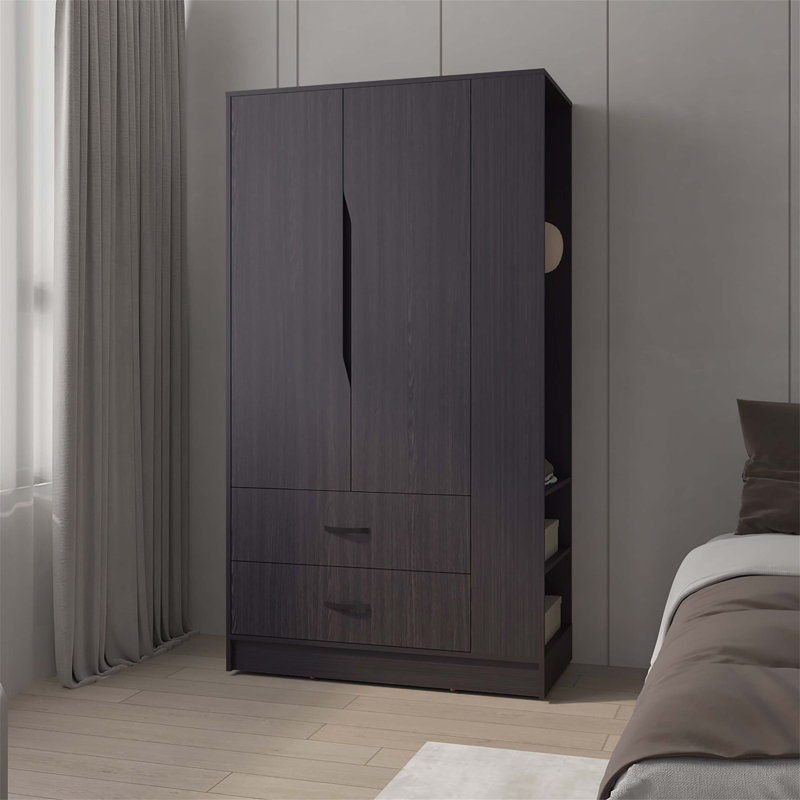 Armoire fonctionnelle à 3 portes en wengé avec 1 tiroir, tablette latérale et tringles pour un rangement et une organisation efficaces dans la chambre à coucher