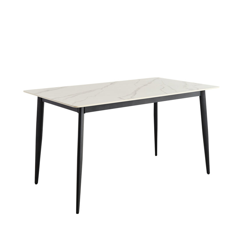 Table de salle à manger rectangulaire avec plateau en porcelaine blanche et pieds en métal, pieds minimalistes au look moderne