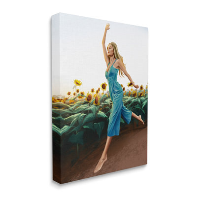 Woman Running Through Rural Sunflower Meadow Field by Ziwei Li - Painting on Canvas