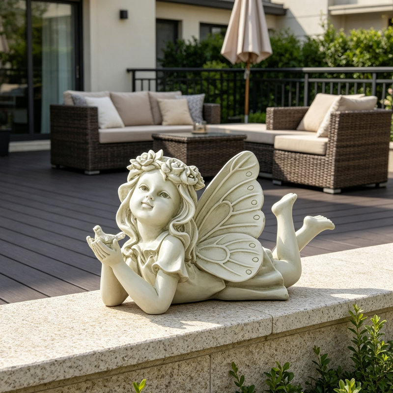 Enchanting Reclining Fairy Garden Statue with Bird