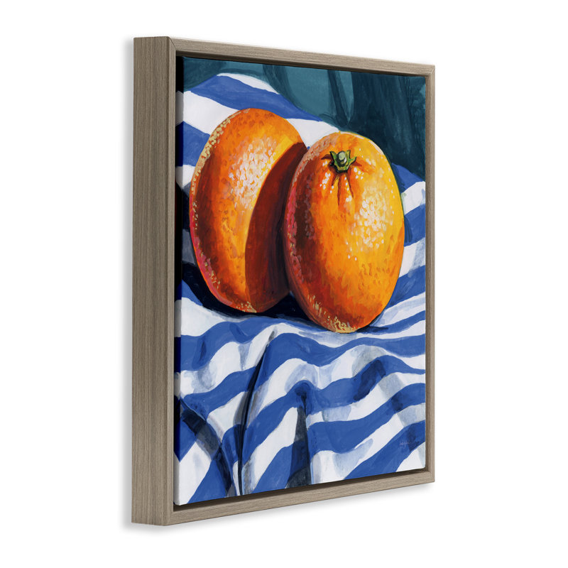 Oranges On Striped Cloth Floating Frame, design by Kate Jarvik Birch, 18" H x 18" W, Montalcino Elm Floater Frame