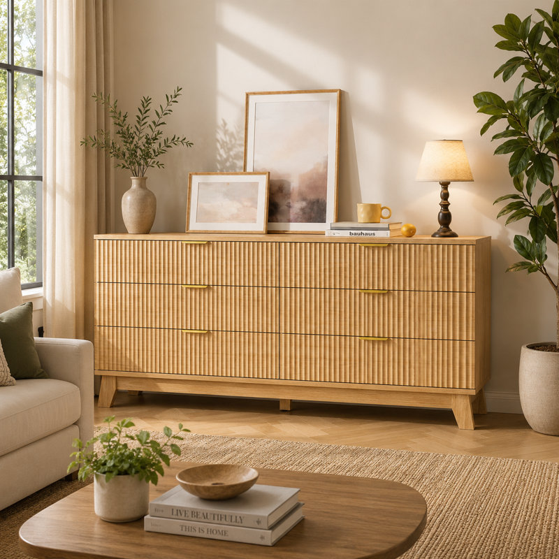 53‘’W Extra Wide Fluted 6-Drawer Dresser, Large Wave Design Storage Cabinet, Wide Chest of Drawers for Bedroom, Living Room, Hallway
