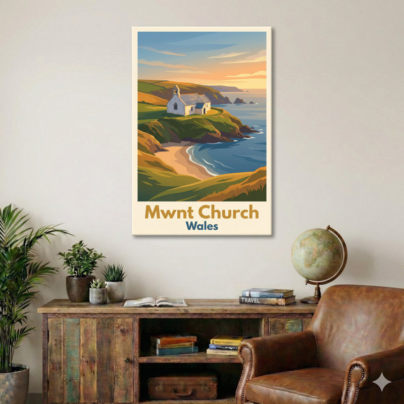 Mwnt Church, Wales - Coastal Chapel At Sunset | Romantic Travel Poster. Giclee Print On Wrapped Canvas. Wall Art, Home Decor - Religious & Cultural Sites, Wales - Wrapped Canvas Print