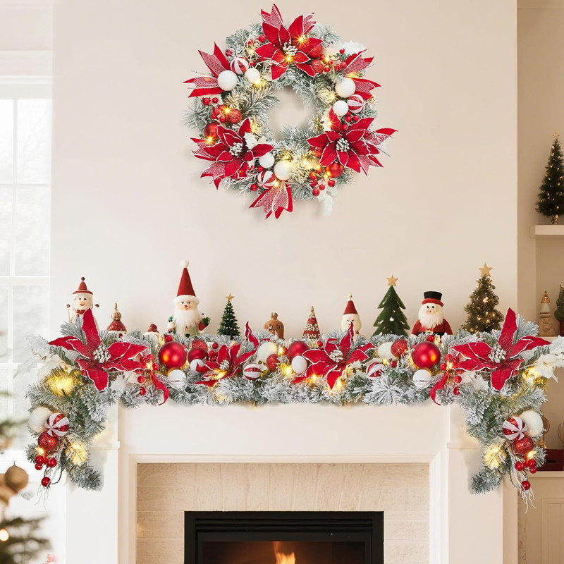 Couronne de Noël 24 po à piles avec lumières DEL et minuterie pour porte et foyer
