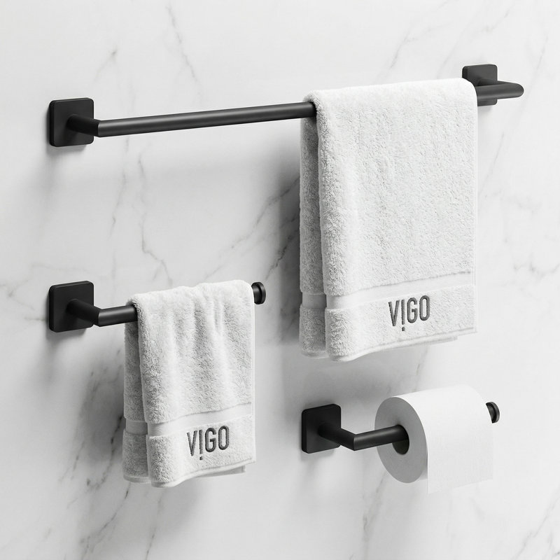 VIGO Satro 3-Piece Matte Black Bathroom Hardware Set with 24-in Towel Bar, Toilet Paper Holder and Hand Towel Holder