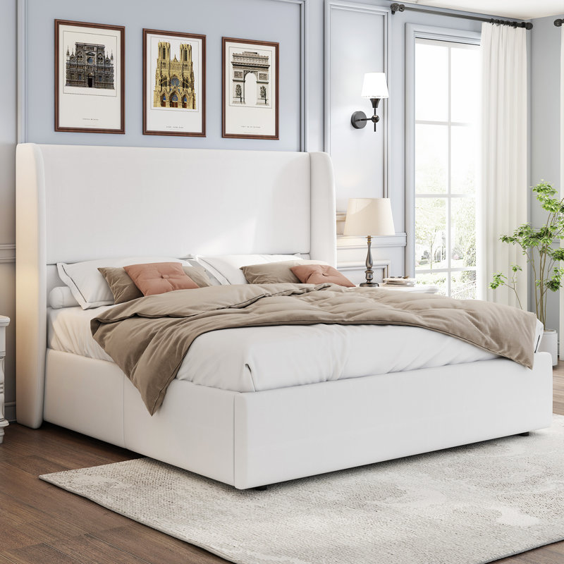 Upholstered Lift-Up StorageBed with Wingback Headboard,Queen,White, Queen, White