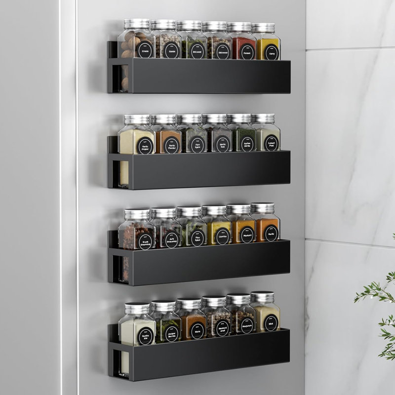 Ensemble de 4 étagères à épices magnétiques avec 24 pots à épices, étiquettes à épices, marqueur à craie et entonnoir