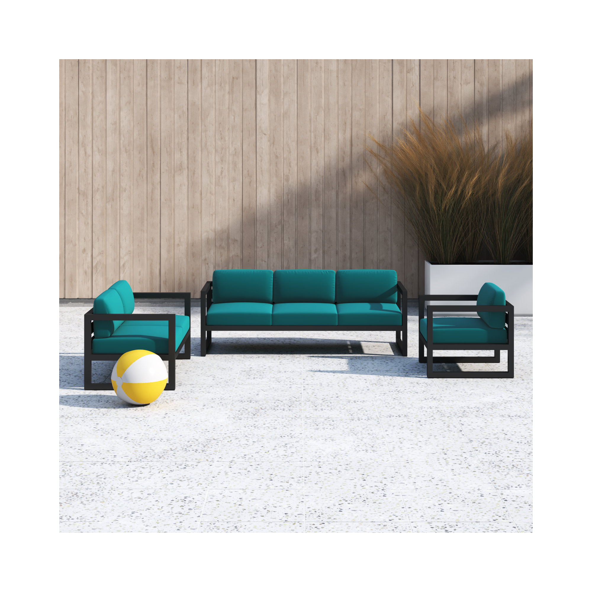 Smith 3 Piece Sofa Seating Group with Sunbrella® Cushions, Spectrum Peacock, Black