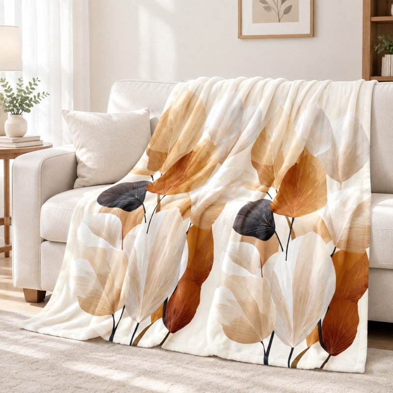Plaid douillet en flanelle - Motif de feuilles abstraites, tons chauds, ultra doux, léger, respirant, confortable toutes saisons, agréable au toucher, lavable à la machine, élément décoratif pour canapé, fauteuil, salon et chambre