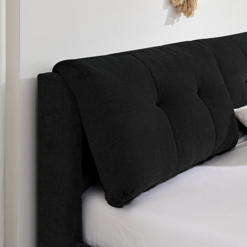 Très grand lit plateforme tapissier hydraulique avec tête de lit intégrée, tissu chenille, noir, Noir, Très grand